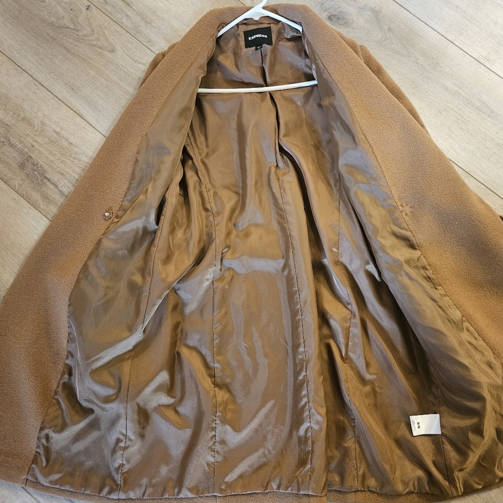EXPRESS Recycled Wool Belted Trench Coat Camel Medium - Picture 4 of 10